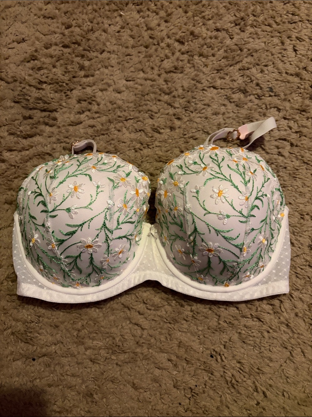 Victoria's Secret White Floral Embroidered Bra with Green Vine Detail